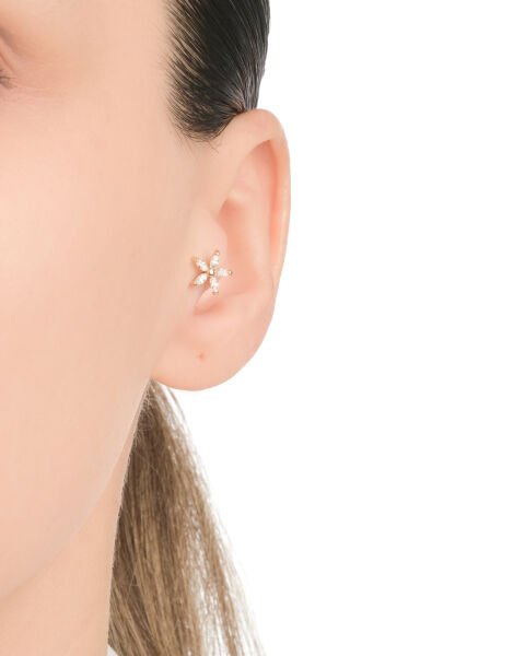 14 Ayar Altın Taşlı Çiçek Tragus Küpe