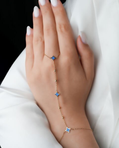 14 Ayar Altın Mavi Mineli Yonca Figürlü Şahmeran