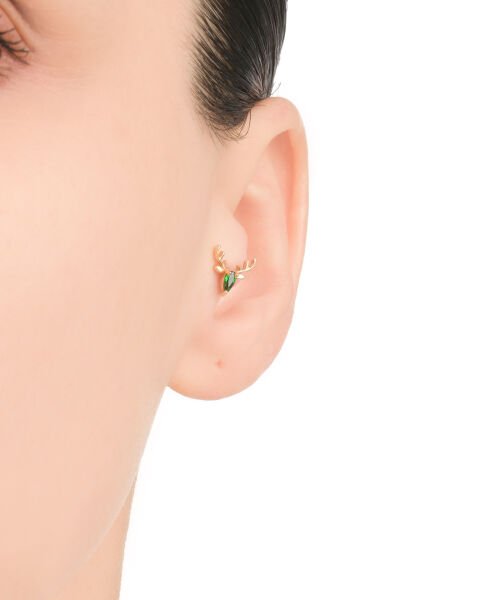 14 Ayar Altın Zümrüt Taşlı Geyik Tragus Küpe