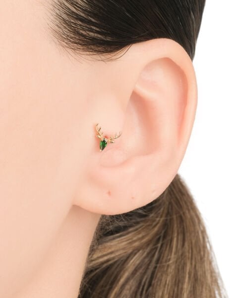 14 Ayar Altın Zümrüt Taşlı Geyik Figürlü Tragus Küpe