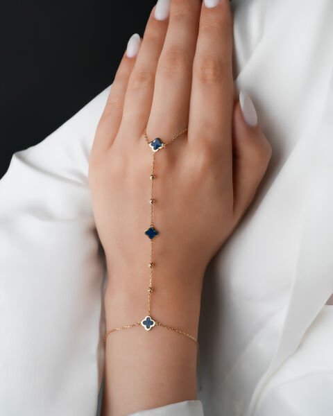 14 Ayar Altın Lacivert Mineli Yonca Figürlü Şahmeran