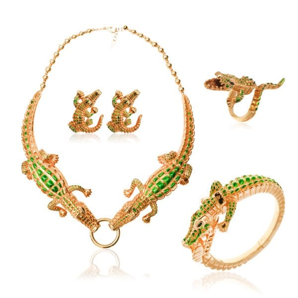18 Ayar Altın Timsah Figürlü Set (Bilezik, Yüzük, Gerdanlık,Küpe)