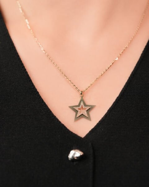 14 Ayar Altın Taşlı Çift Yıldız Kolye