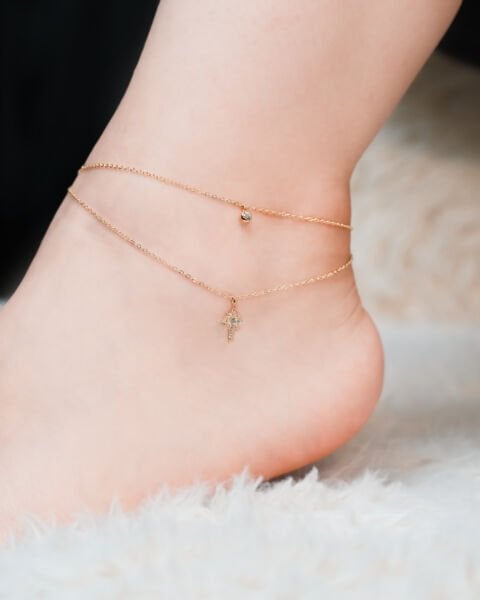 14 Ayar Altın Çift Zincirli Taşlı Kutup Yıldızı Halhal