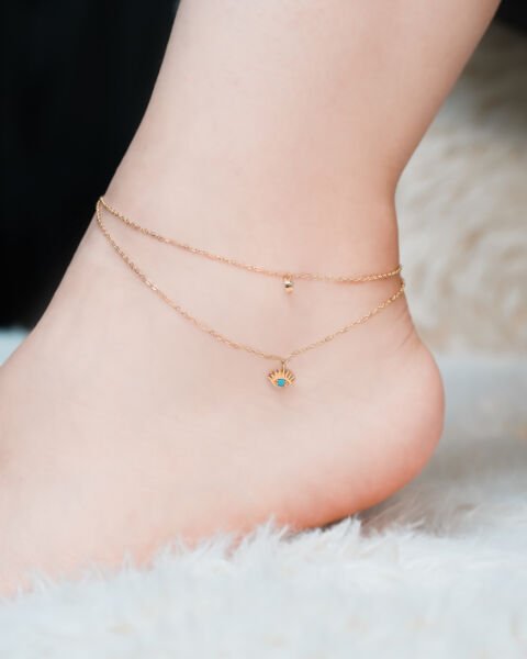 14 Ayar Altın Çift Zincir Firüze Taşlı & Göz Halhal