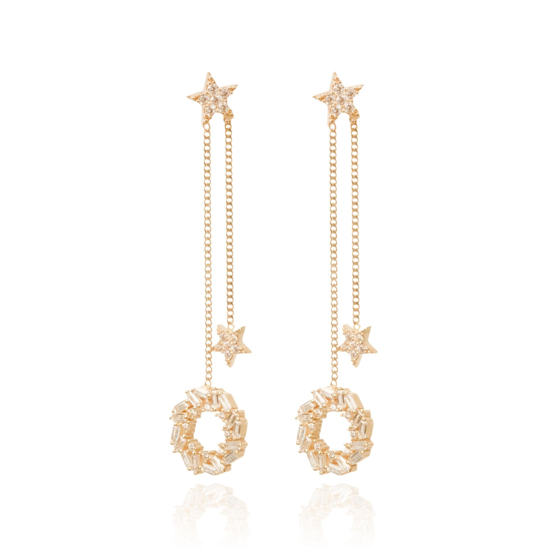 14 Ayar Altın Yıldız ve Yuvarlak Taş Figürlü Sallantılı Zincir Küpe