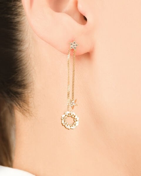 14 Ayar Altın Yıldız ve Yuvarlak Taş Figürlü Sallantılı Zincir Küpe