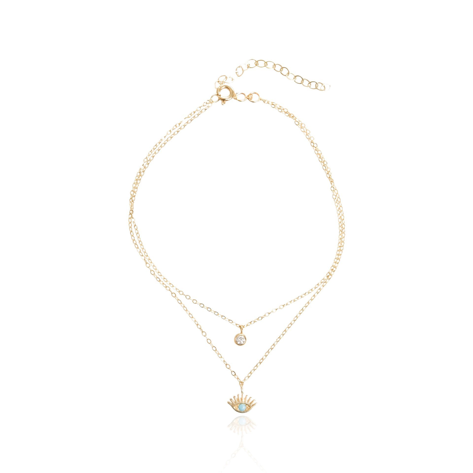 Firüze Taşlı Çift Zincir Göz Figürlü 14 Ayar Altın Halhal