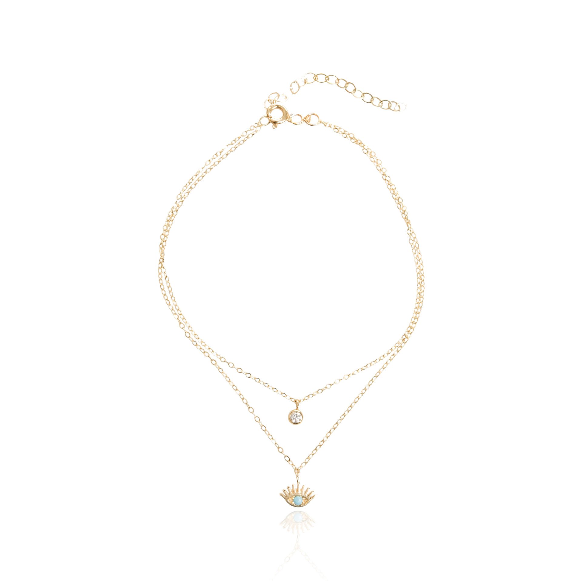 14 Ayar Altın Çift Zincir Firüze Taşlı & Göz Halhal