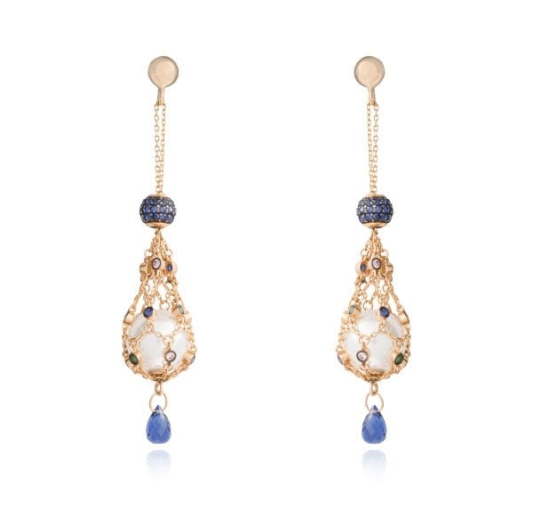 14 Ayar Altın İncili Mavi Safir Taşlı Özel Tasarım Küpe