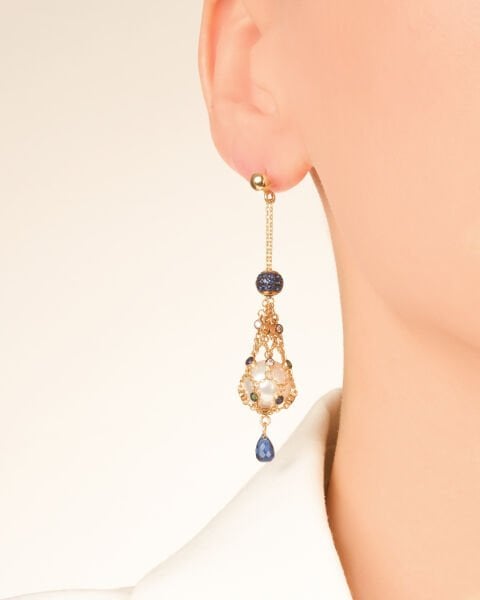 14 Ayar Altın İncili Mavi Safir Taşlı Özel Tasarım Küpe