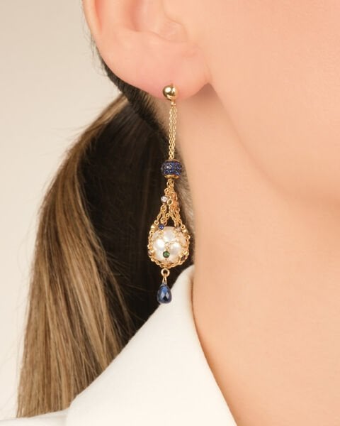 14 Ayar Altın İncili Mavi Safir Taşlı Özel Tasarım Küpe