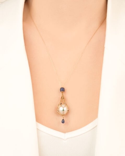 14 Ayar Altın İncili Mavi Safir Taşlı Özel Tasarım Kolye