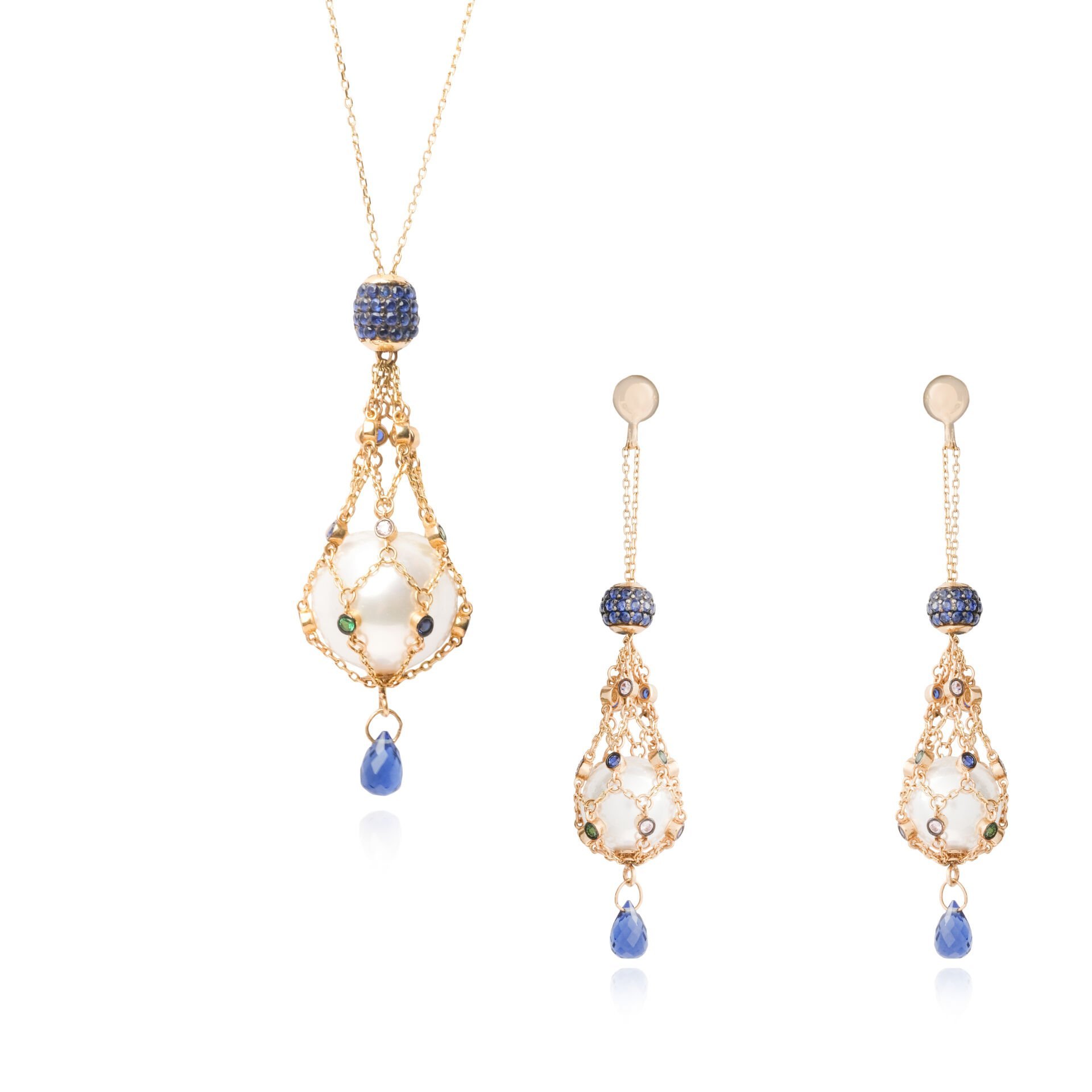 14 Ayar Altın İncili Mavi Safir Taşlı Özel Tasarım Set