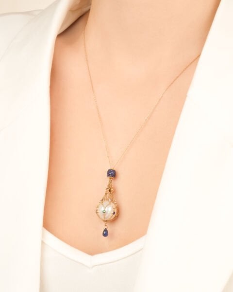 14 Ayar Altın İncili Mavi Safir Taşlı Özel Tasarım Set