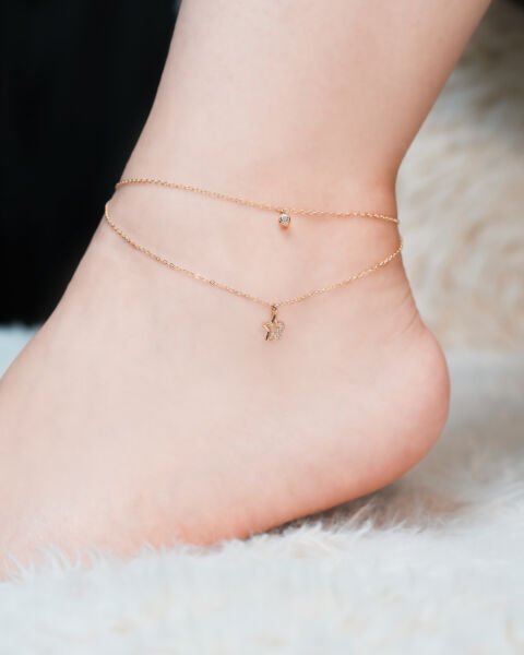 Çift Zincir Yıldız Figürlü Taşlı Halhal 14 Ayar Altın