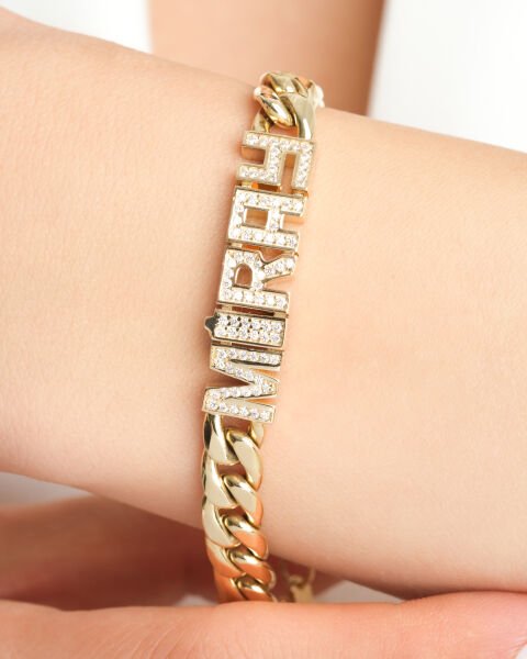 14 Ayar Altın Taşlı Gurmet Zincir İsim Bileklik – Miray