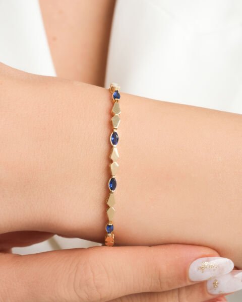 14 Ayar Altın Mavi Safir Tasarım Bileklik