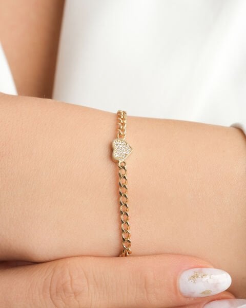 14 Ayar Altın Taşlı Kalp Figürlü Bileklik