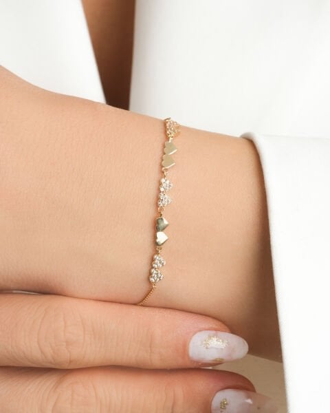 14 Ayar Taşlı Çoklu Kalp Figürlü Altın Bileklik