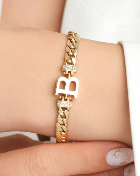 14 Ayar Altın Gurmet Zincir Taşlı Harf Bileklik – B