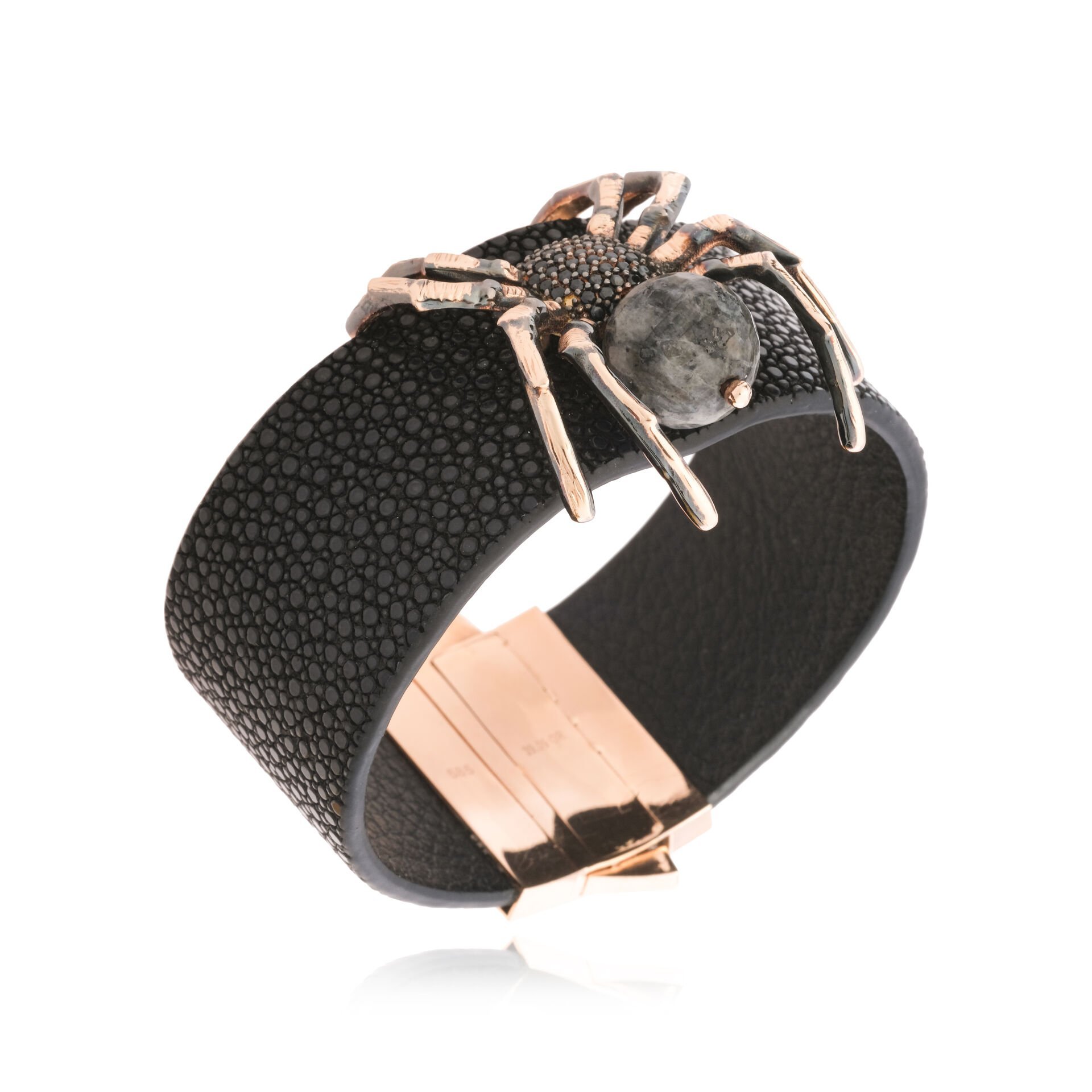 14 Ayar Altın Siyah Pırlanta Örümcek Figürlü Erkek Deri Bileklik