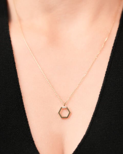 14 Ayar Altın Taşlı Altıgen Kolye