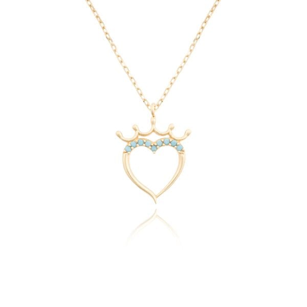 14 Ayar Altın Firuze Taşlı Taçlı Kalp Kolye
