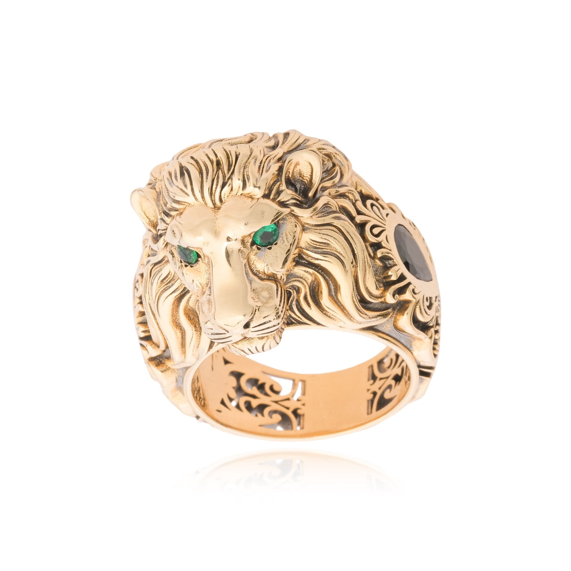 14 Ayar Altın Zümrüt Taşlı Aslan Figürlü Erkek Yüzük