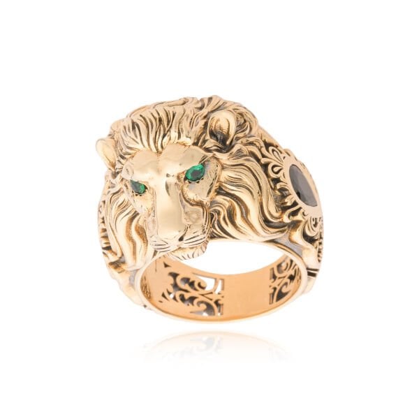 14 Ayar Altın Zümrüt Taşlı Aslan Figürlü Erkek Yüzük