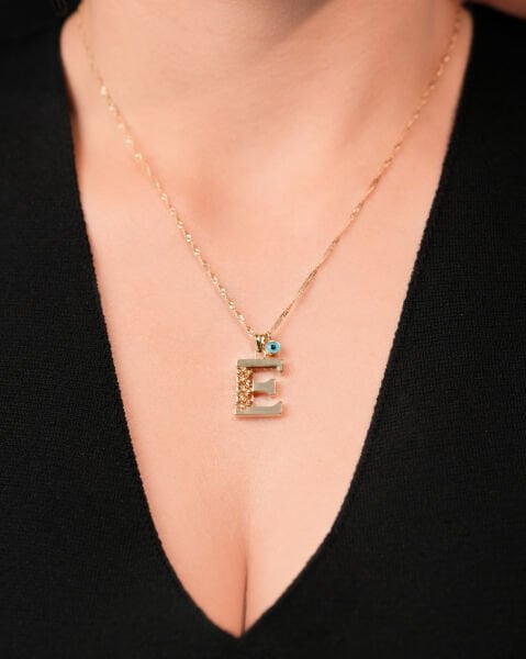 14 Ayar Altın Dorika Toplu Göz Boncuklu E Harf Kolye