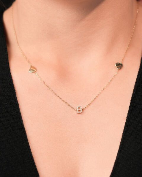 14 Ayar Altın Taşlı Kalpli Kolye B Harfi