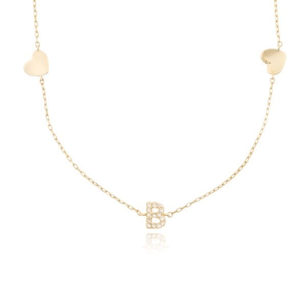 14 Ayar Altın Taşlı Kalpli Kolye B Harfi