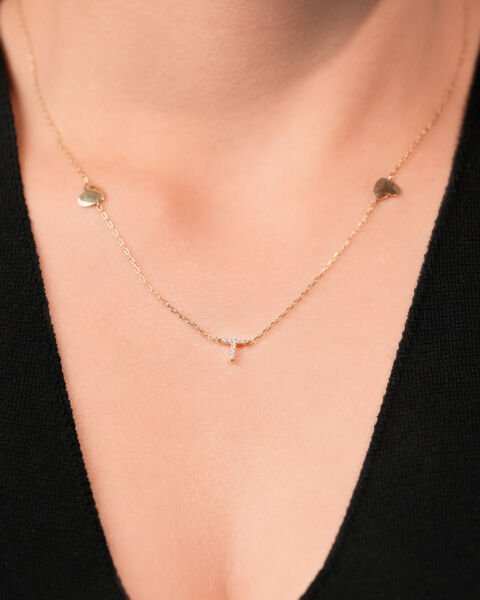 14 Ayar Altın Taşlı Kalpli Kolye T Harfi