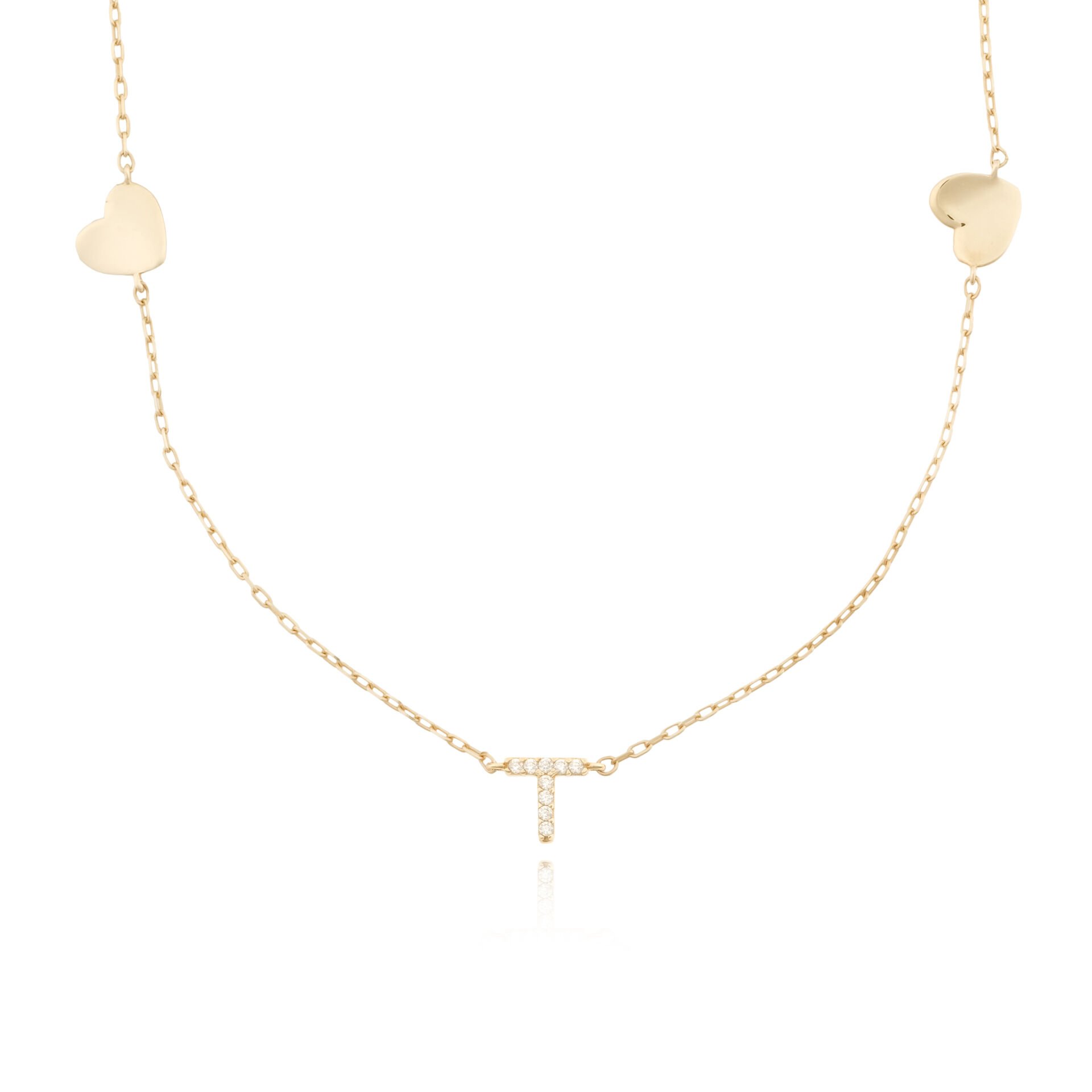 14 Ayar Altın Taşlı Kalpli Kolye T Harfi