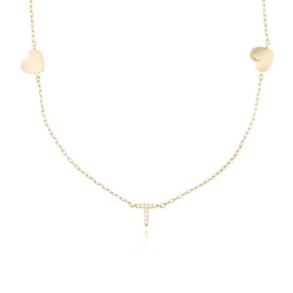 14 Ayar Altın Taşlı Kalpli Kolye T Harfi