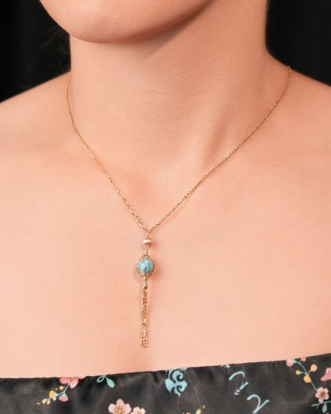 14 Ayar Altın Firuze Taşlı Sallantılı Kolye