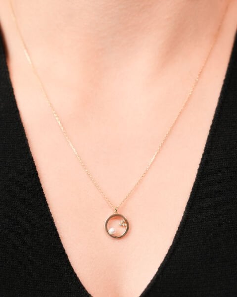 14 Ayar Altın Taşlı İncili Tasarım  Halka Kolye