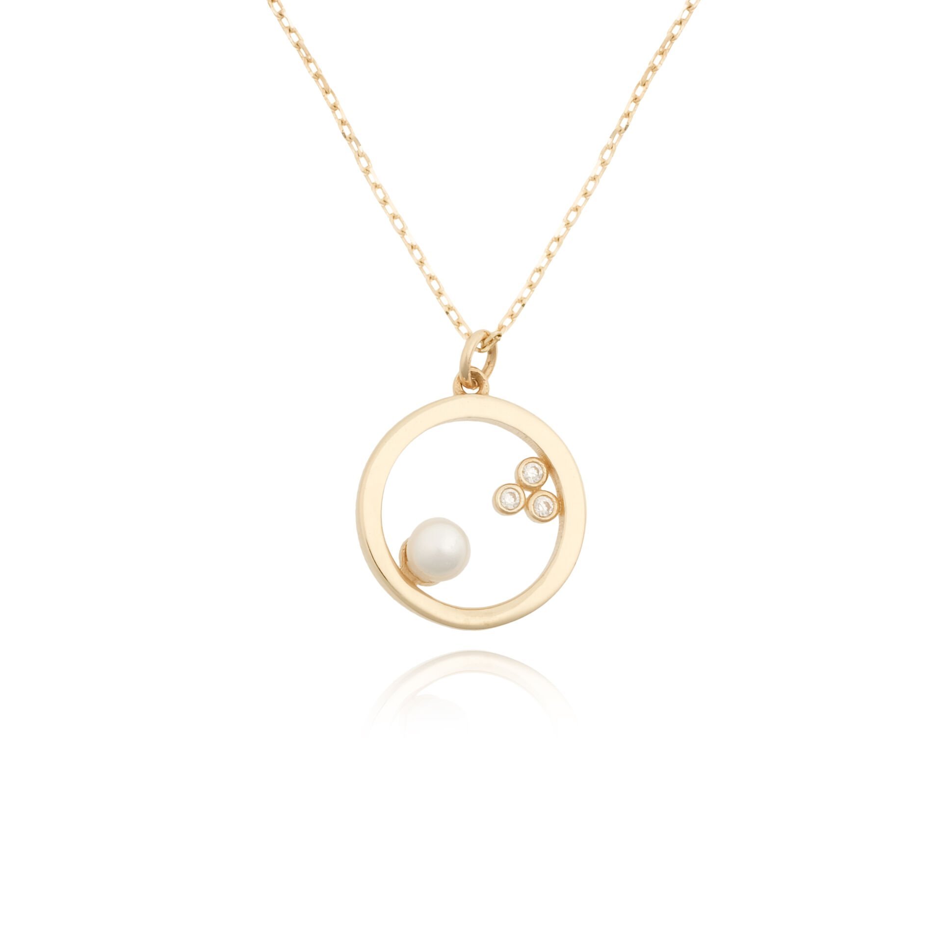 14 Ayar Altın Taşlı İncili Tasarım  Halka Kolye