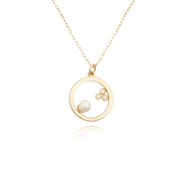 14 Ayar Altın Taşlı İncili Tasarım  Halka Kolye