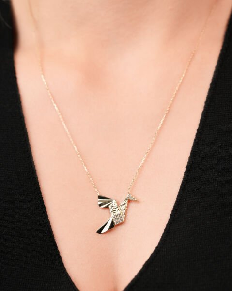 14 Ayar Altın Taşlı Tasarım Kuş Kolye