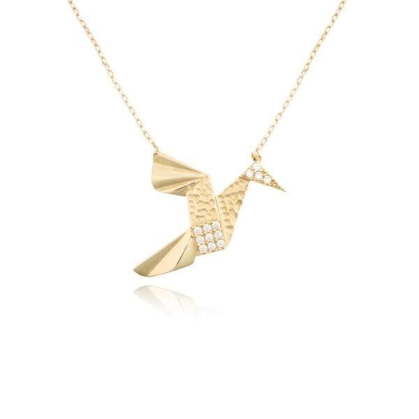 14 Ayar Altın Taşlı Tasarım Kuş Kolye