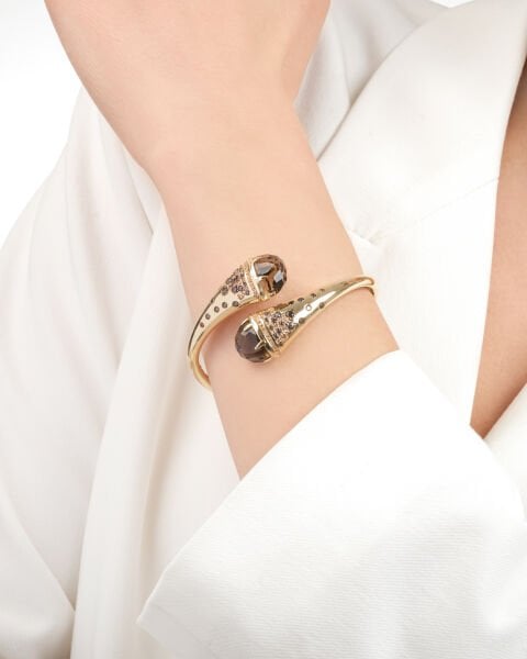 14 Ayar Altın Dumanlı Kuvars Tasarım Kelepçe