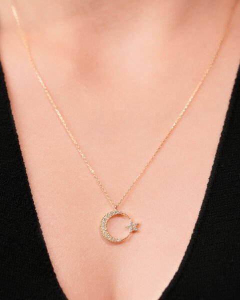 14 Ayar Altın Taşlı Ay Yıldız Kolye