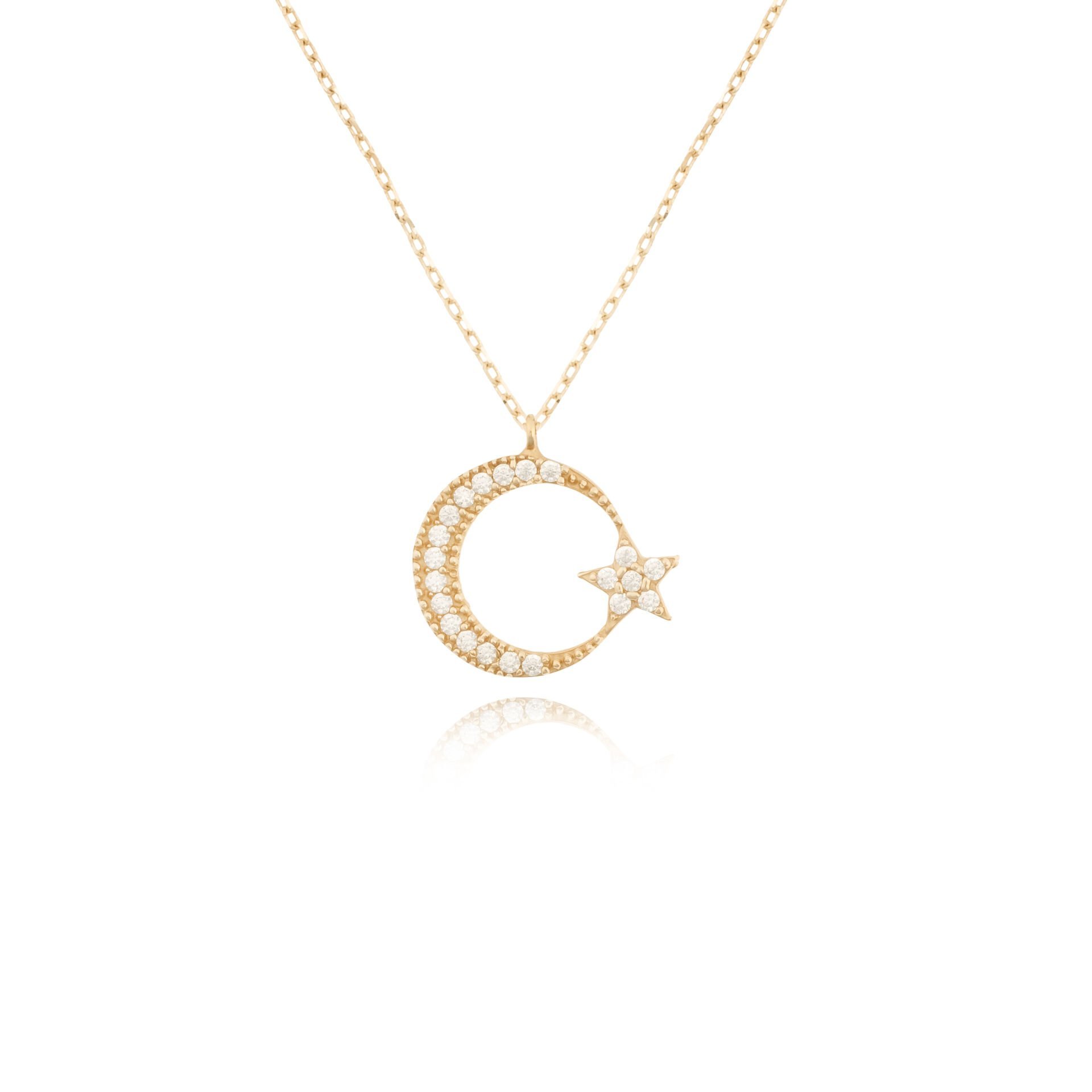 14 Ayar Altın Taşlı Ay Yıldız Kolye