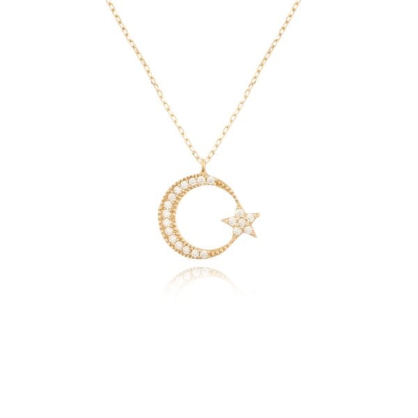 14 Ayar Altın Taşlı Ay Yıldız Kolye
