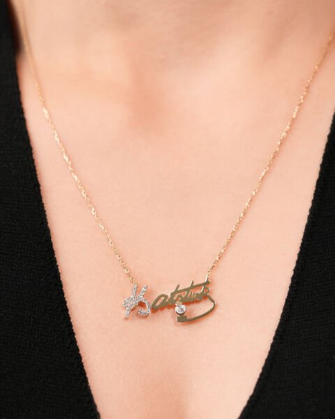 14 Ayar Altın Taşlı Atatürk İmza Kolye