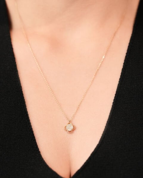 14 Ayar Altın Taşlı Yonca Tasarım Kolye