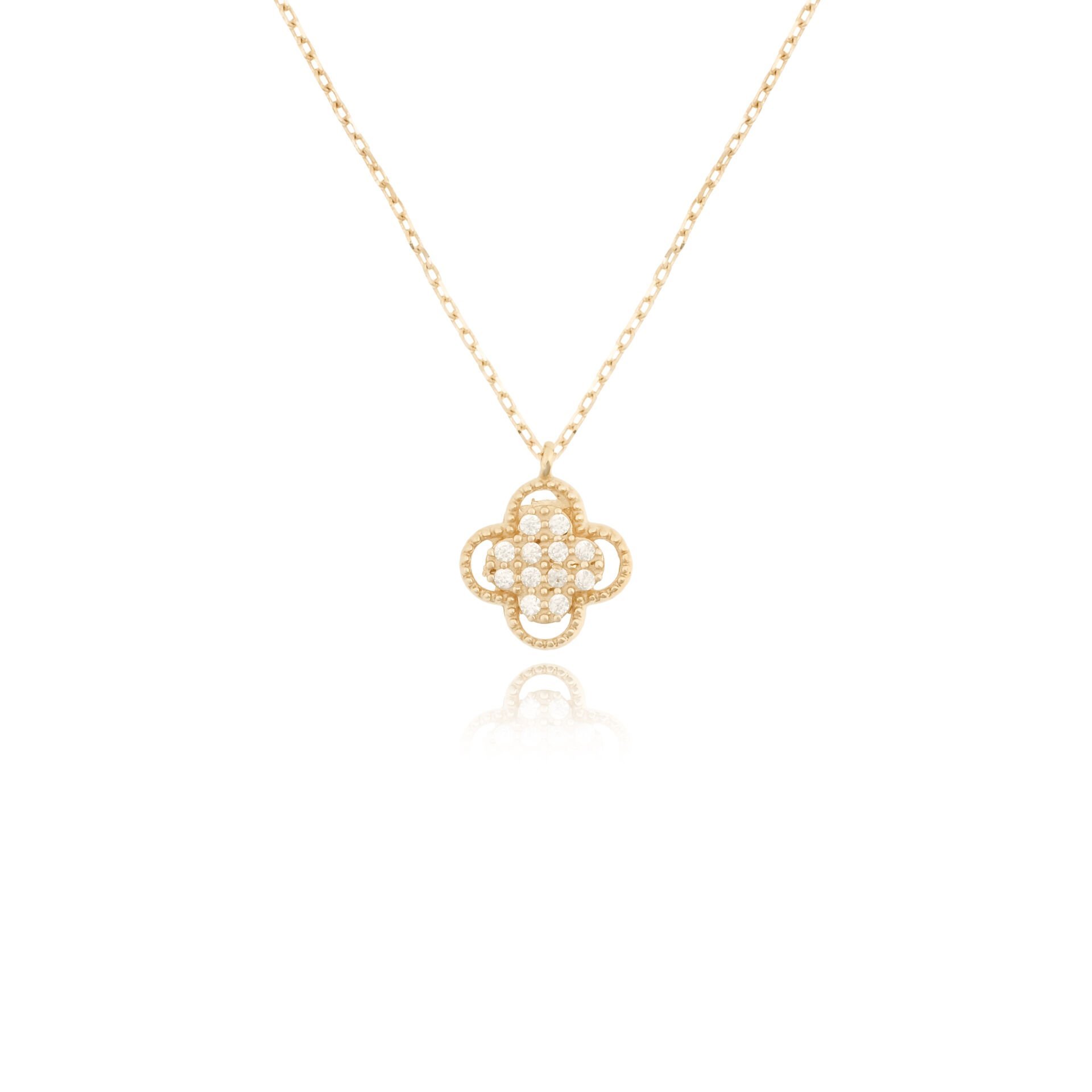 14 Ayar Altın Taşlı Yonca Tasarım Kolye