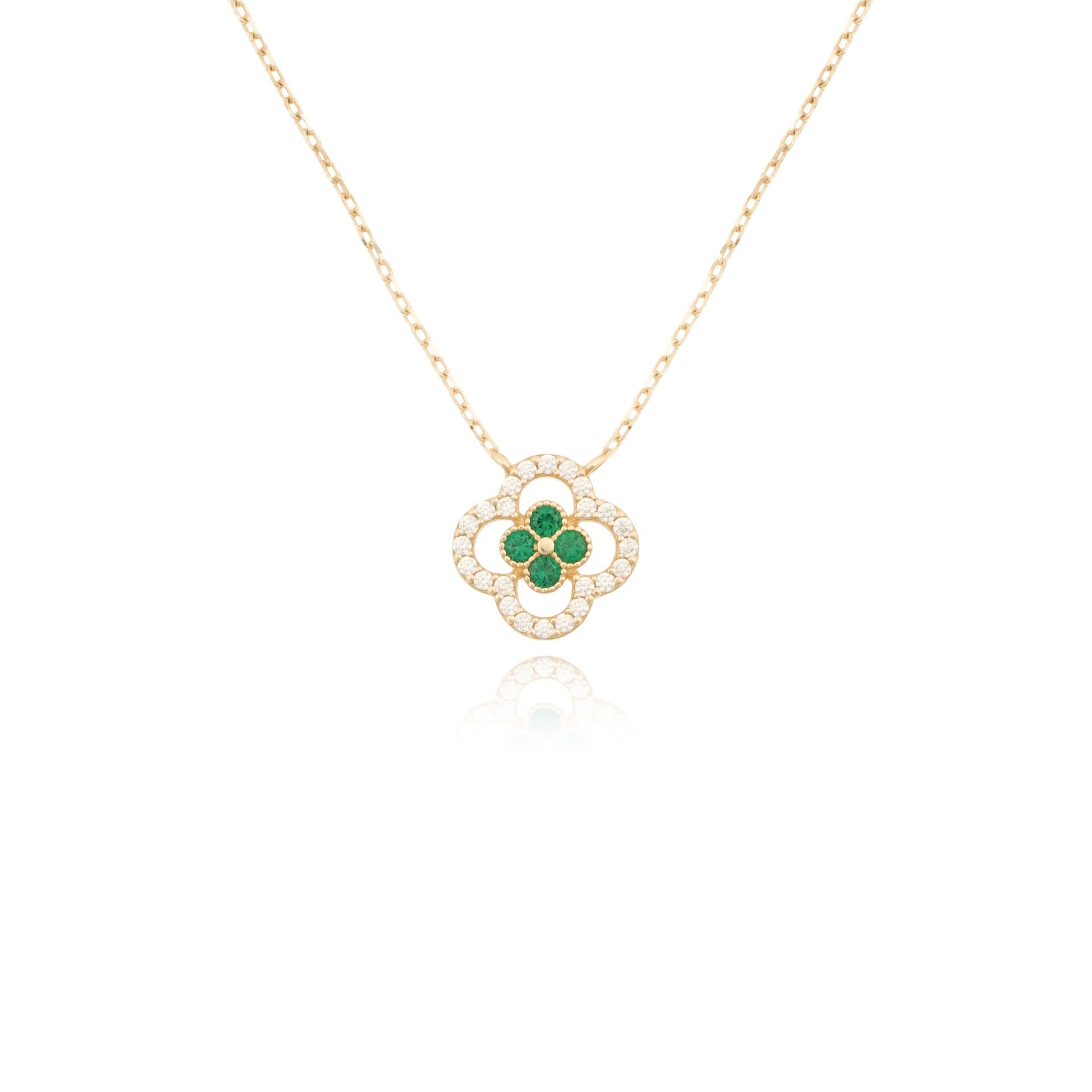 14 Ayar Altın Taşlı Yonca Tasarım Kolye